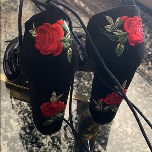 Sexy black red rose high heel sandals